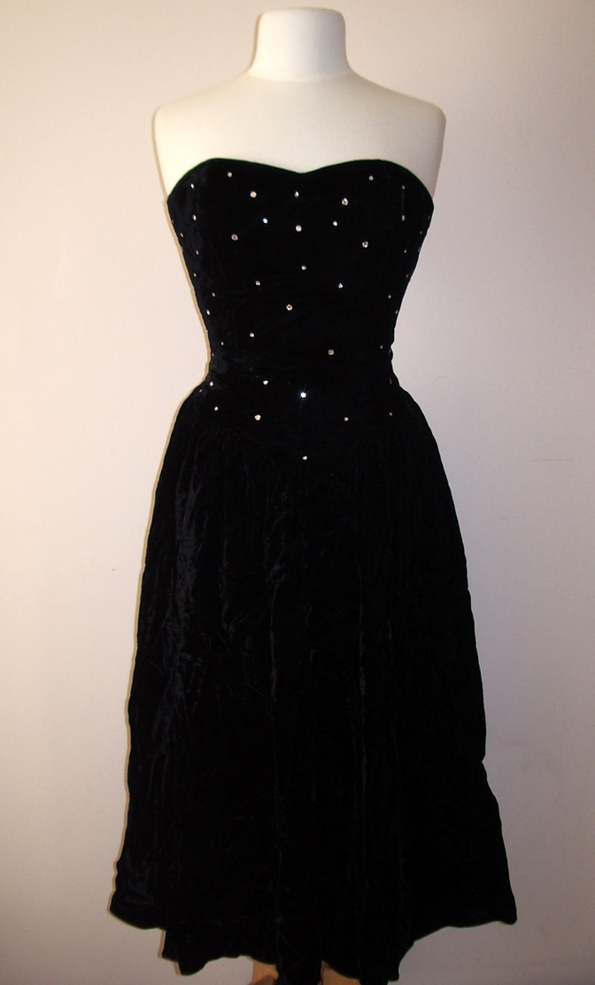 1980s Black Velvet Rhinestone Dress 1980s Black Velvet Rhinestone Dress