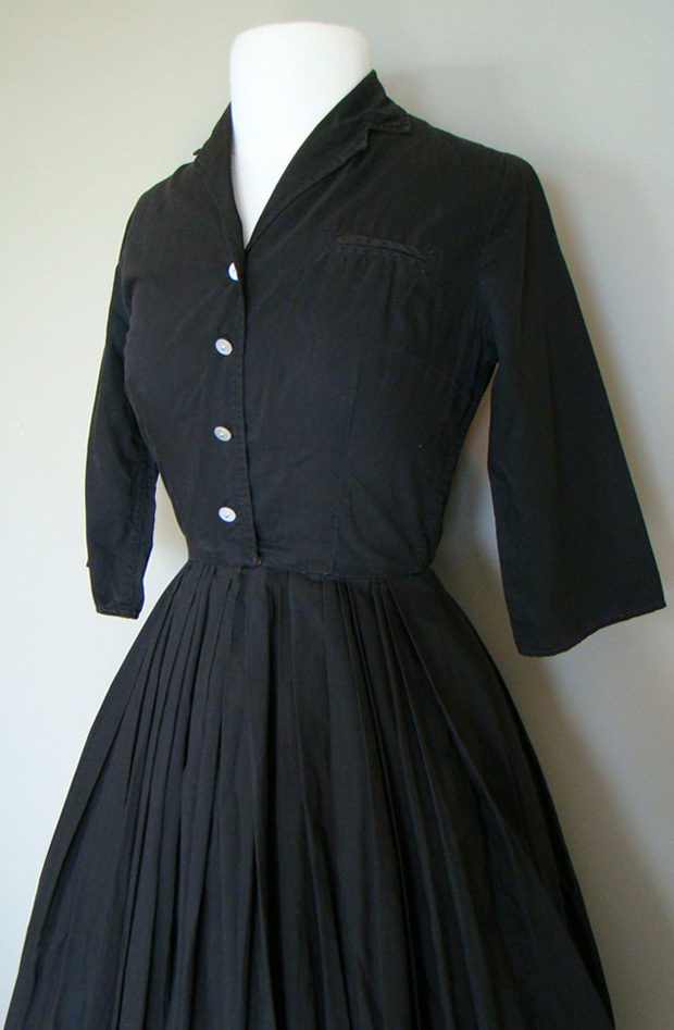 Vintage 1950's Dresses - Black Shirtwaist 1950's Dress